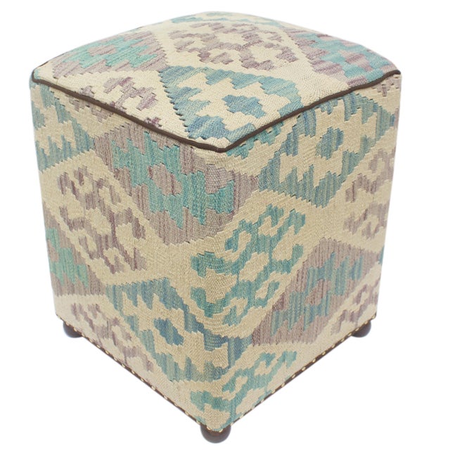 Beige Rustic Beige/Teal Handmade Kilim Upholstered Ottoman For Sale - Image 8 of 8