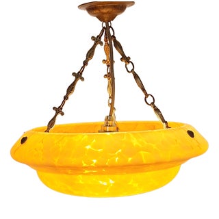 Antique Art Deco German Ceiling Lamp with Glass Bowl and Brass Mount, 1920s For Sale