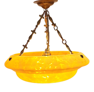 Antique Art Deco German Ceiling Lamp with Glass Bowl and Brass Mount, 1920s