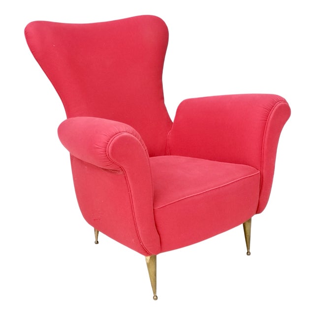 Vintage Red Cotton Wingback Armchair with Brass Feet, Italy For Sale