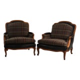 New Ralph Lauren Plaid Tartan Wool and Leather on Vintage Louis XV-Style Versailles Library Chairs - 2 Pieces For Sale