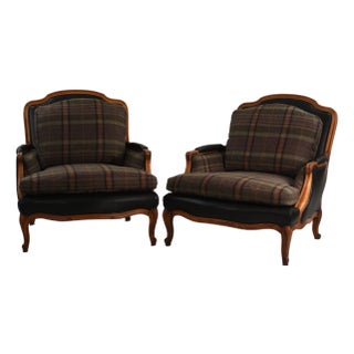 New Ralph Lauren Plaid Tartan Wool and Leather on Vintage Louis XV-Style Versailles Library Chairs - 2 Pieces For Sale