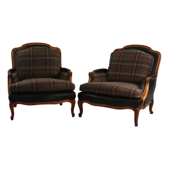 New Ralph Lauren Plaid Tartan Wool and Leather on Vintage Louis XV-Style Versailles Library Chairs - 2 Pieces For Sale