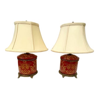 2 VTG Oriental Lamps Chinoiserie HandPainted Floral Red & Gold Porcelain. Bronze For Sale