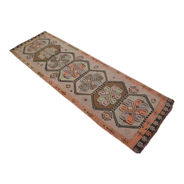 Vintage Turkish Handmade Kilim Runner Rug Full Tribal Design Primitive - 3′5″ × 12′8″ For Sale