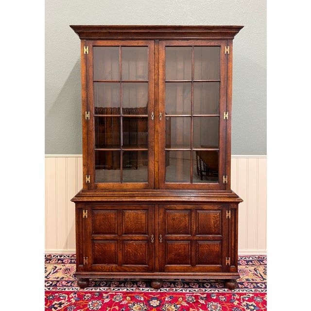 Antique English Large Bookcase Bookshelf Cabinet Double Door Glass Oak C. 1910s For Sale - Image 4 of 18