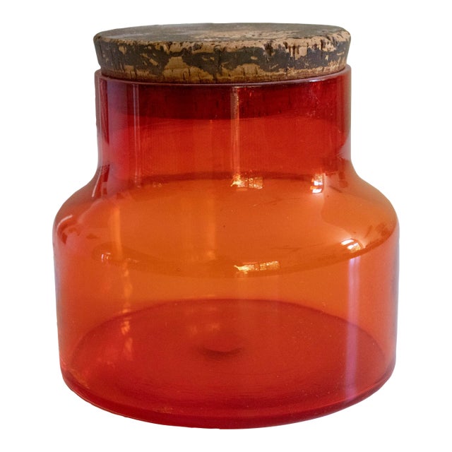 Vintage Japanese 60s Takashi Orange Glass Canister With Cork Lid For Sale
