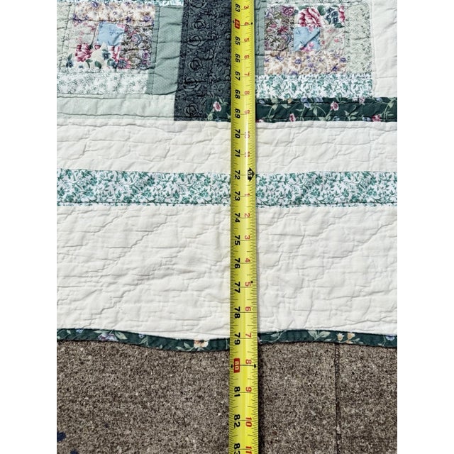 Vintage Hand Stitched Log Cabin Quilt Green And White, Square 77x79” For Sale - Image 17 of 18