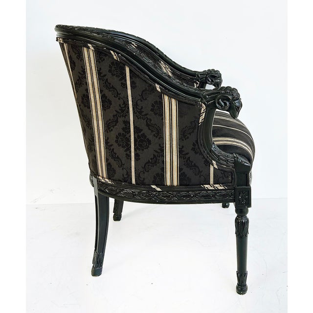 Early 20th Century Vintage Ebonized Carved Ram's Head Bergère Chairs, Pair For Sale - Image 5 of 16