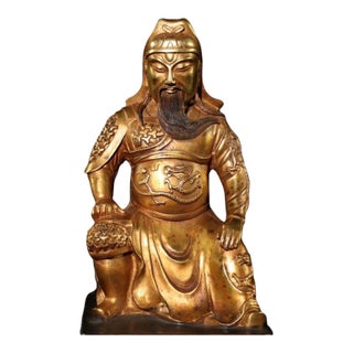 Vintage Gilt Brass Seated Guan Gong Statue, Chinese God of War & Wealth Decor Sculpture For Sale