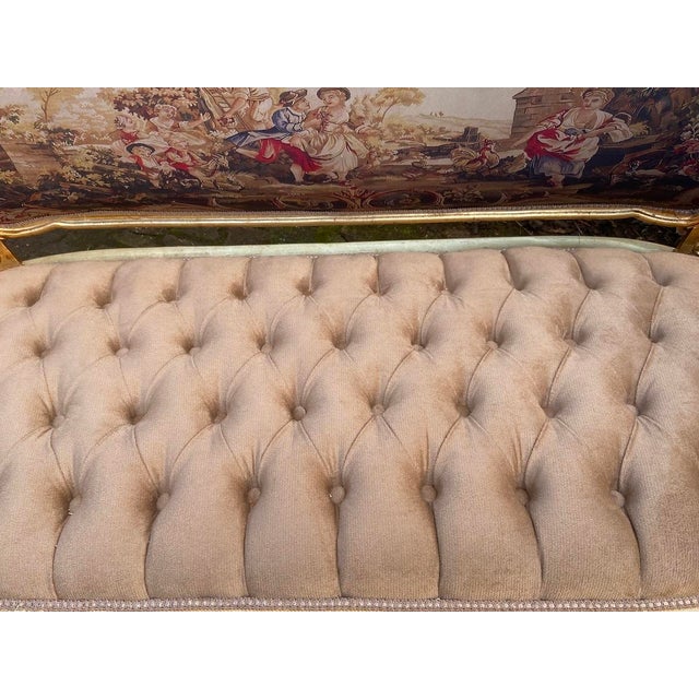 Wood Opulent 1940s French Louis XVI Gilded Sofa Set – Beige Tufted Velvet, Set of 5 For Sale - Image 7 of 12