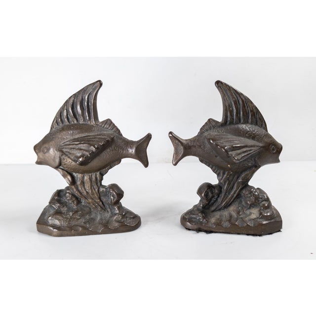 Mid-Century Pair of Cast Iron Bronzed Angel Fish Form Bookends For Sale In New York - Image 6 of 11