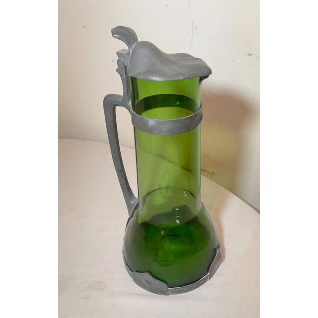 Large Antique 1800's German Arts and Crafts Pewter Green Glass Tankard Pitcher For Sale - Image 12 of 14