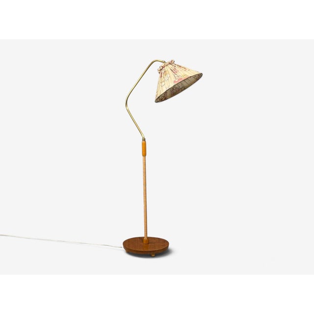 1940s Swedish Modern, Floor Lamp, Elm, Brass, Cord, Beige Fabric For Sale - Image 4 of 12