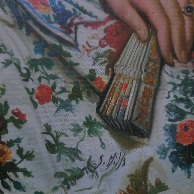 Victorian Mid-20th Century Signed S. Hills - Seated Lady in Floral Gown, Oil on Canvas For Sale - Image 3 of 4