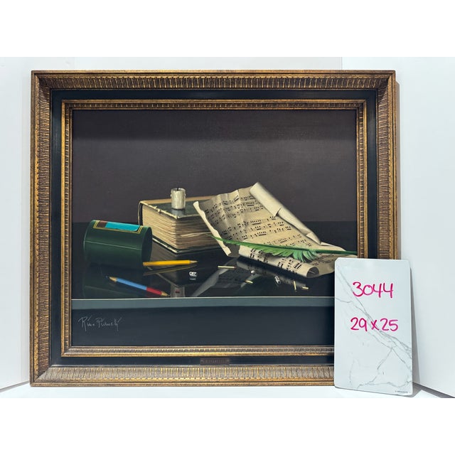 Signed original oil painting on canvas by Rino Pianetti, depicting an arrangement of sheet music, antique books, a candle,...