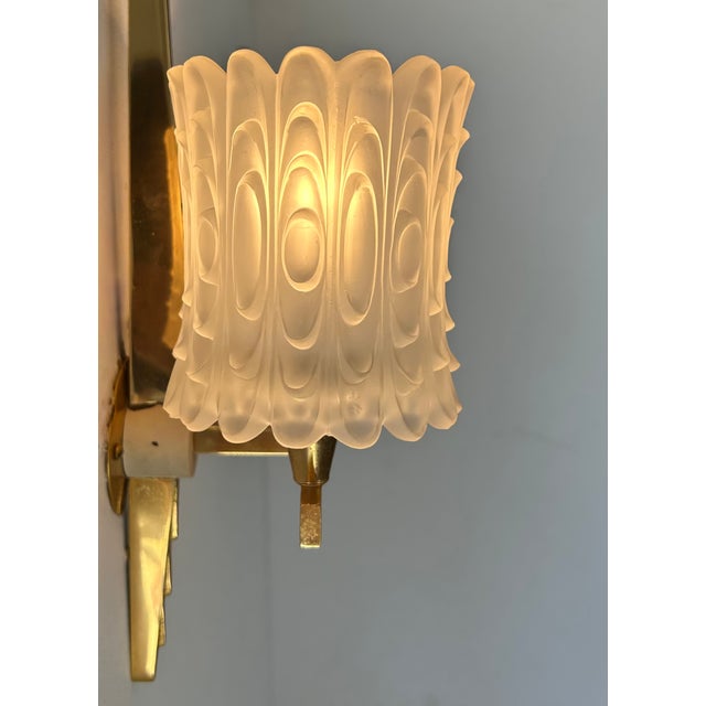 Double Wall Lights in Brass and Molded Glass from Maison Arlus, France, 1950, Set of 2 For Sale - Image 3 of 7