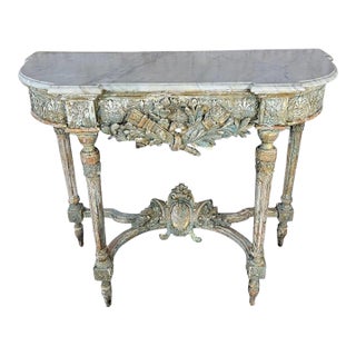 French Louis XVI Painted Gesso & Giltwood Console Table With Shaped Marble Top For Sale
