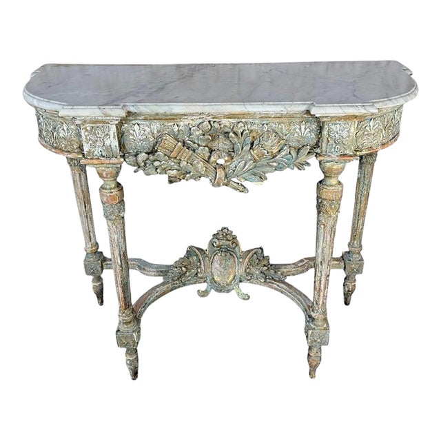 French Louis XVI Painted Gesso & Giltwood Console Table With Shaped Marble Top For Sale
