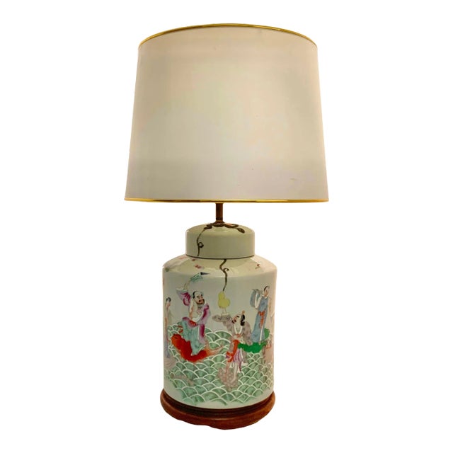 Mid 20th Century Lamp Porcelain Jar With Asian Folk Art the Immortal Eight Design on Wooden Base For Sale