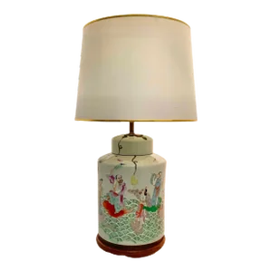 Mid 20th Century Lamp Porcelain Jar With Asian Folk Art the Immortal Eight Design on Wooden Base