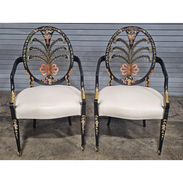Store Item: Pair of KARGES Hepplewhite Plum Arm Chairs Ebonized, Carved Hand Painted Leather Fabric Description: Inspired...