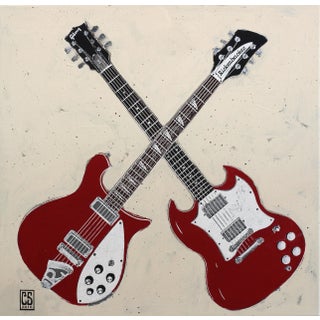 Music Inspired Acrylic Painting of Guitars on Canvas "Double Trouble" Original Artwork by Carl Smith For Sale