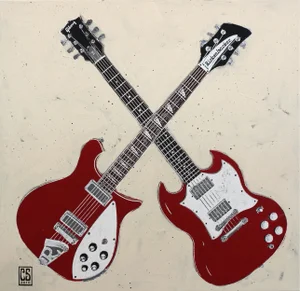 Music Inspired Acrylic Painting of Guitars on Canvas "Double Trouble" Original Artwork by Carl Smith