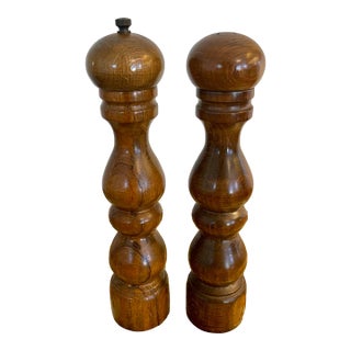 Vintage Japanese Turned Wood Salt Shaker & Pepper Mill Grinder- Set of 2 For Sale