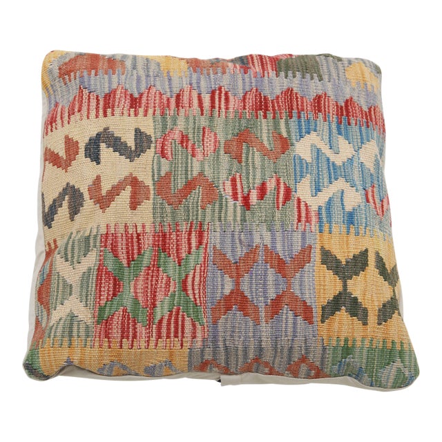 Arteverk Handwoven Afghan Kilim Pillow — Red & Green Geometric Patchwork For Sale