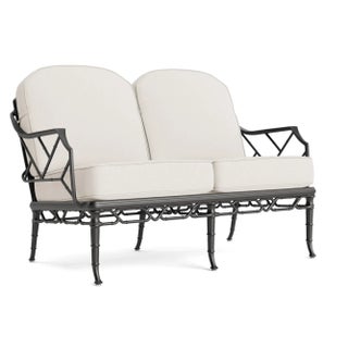 Brown Jordan Calcutta Loveseat, Textured Pewter frame with Fusion Natural fabric For Sale