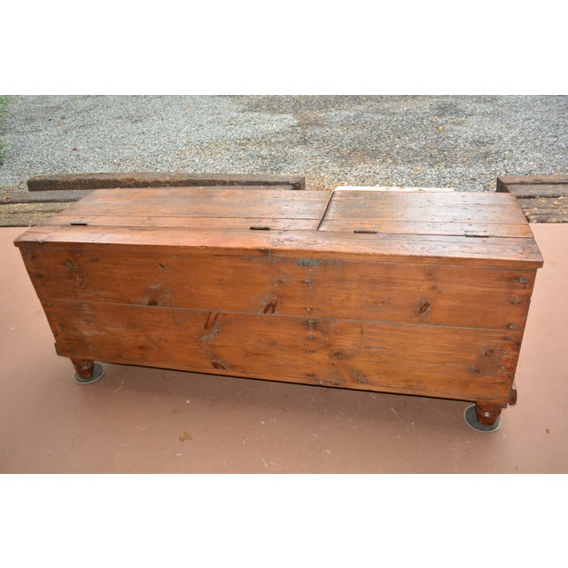 Antique European Rustic Wood Pine Trunk / Blanket Box W/ Double Lift Up Lids For Sale - Image 11 of 17