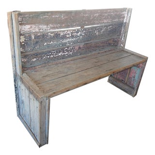 Antique Rustic Beach House Plank Bench W Antiqued Crackled Paint~ French Country For Sale