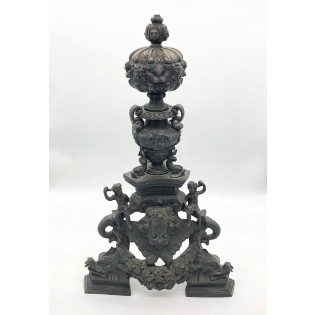 Antique Pair of Large Ornate Bronze Figural Chenet Andirons Stunning detail all around, knotted with figures: Cherub Faces...