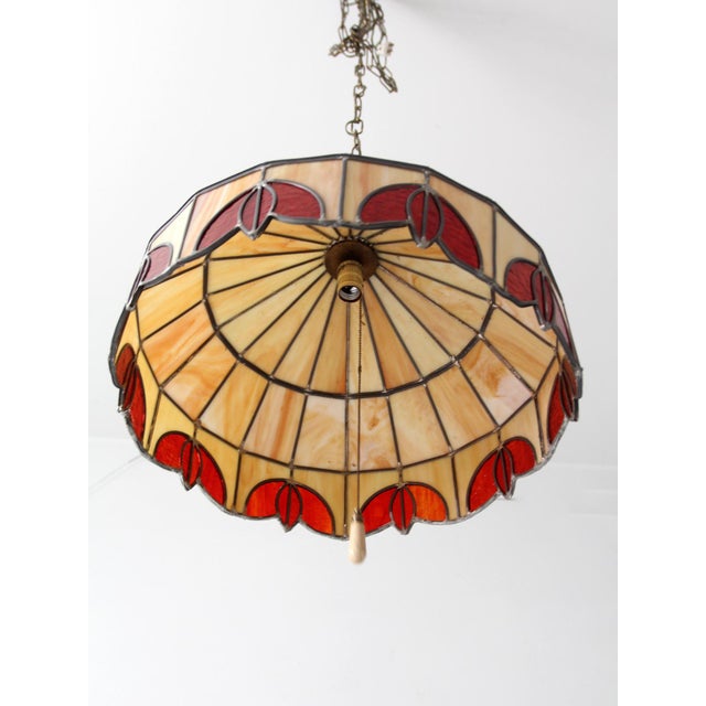 Vintage Tiffany Style Stained Glass Hanging Pendant Light For Sale - Image 10 of 18