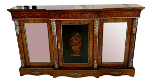 Large Antique Victorian Inlaid Floral Marquetry Burr Walnut Ormolu Mounted Credenza, 1850s