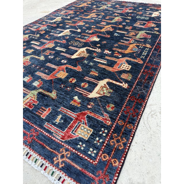 2000 - 2009 Navy Blue Hand Knotted Camel Caravan Pictorial Tribal Rug, 04'11 X 06'11 For Sale - Image 5 of 10