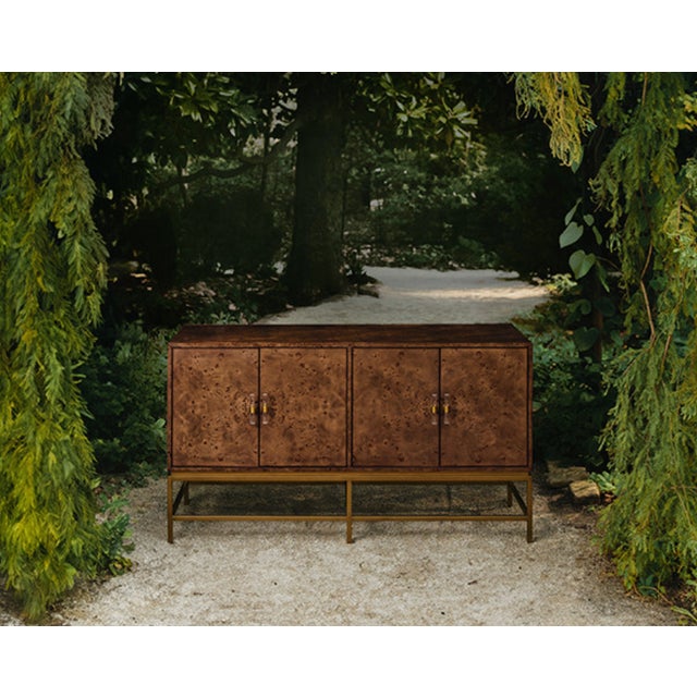 2020s Matthew Izzo Home Ariel Dark Burlwood Four Door Buffet With Acrylic and Antique Brass Door Pulls and Antique Brass Base For Sale - Image 5 of 9