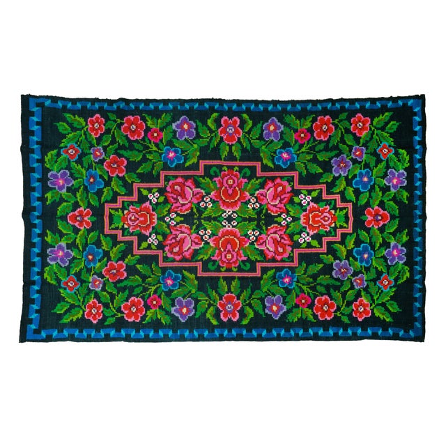 Vintage Romanian Bessarabian-Style Black Floral Wool Rug with Cobalt Blue Border, 1970s For Sale - Image 9 of 9