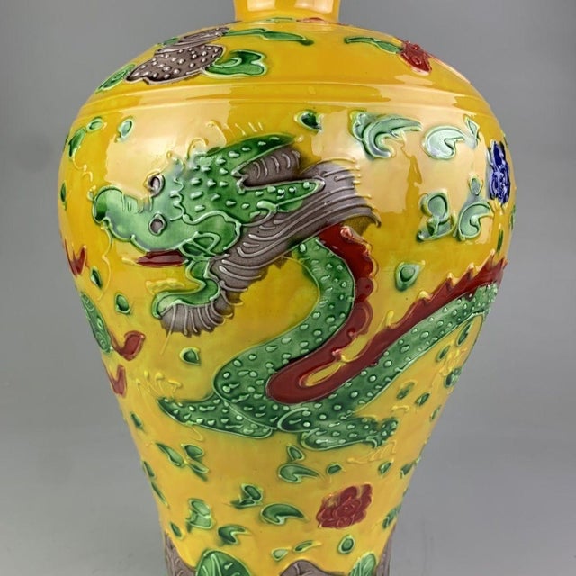 Mid 20th Century Striking Yellow-Ground Chinese Porcelain Meiping Vase With Raised Dragon Motif For Sale - Image 5 of 8