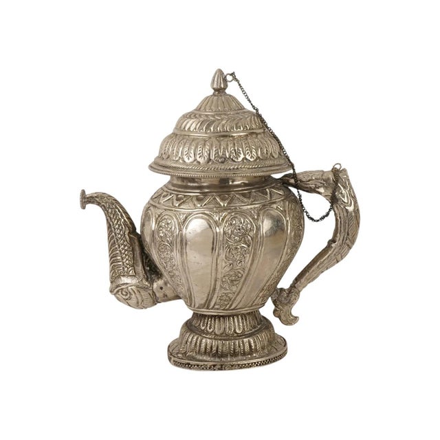Tibetan Asian Indian Repousse Chased Silver Alloy Ewer For Sale - Image 9 of 9