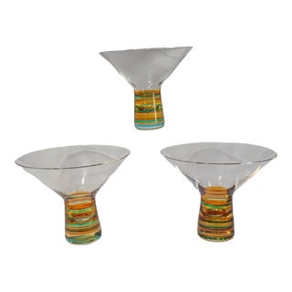 Set of 3 Vintage Rainbow-Colored Stem Base Art Glass Martini Glasses #S1 For Sale