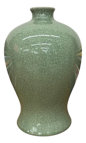 Dark Green Crackle Ceramic Vase with Round Body