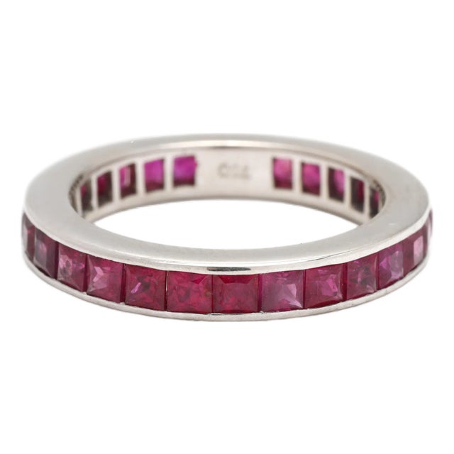 5.6ct Square Ruby Eternity Band Ring, 18k White Gold, Ring Size 6 For Sale