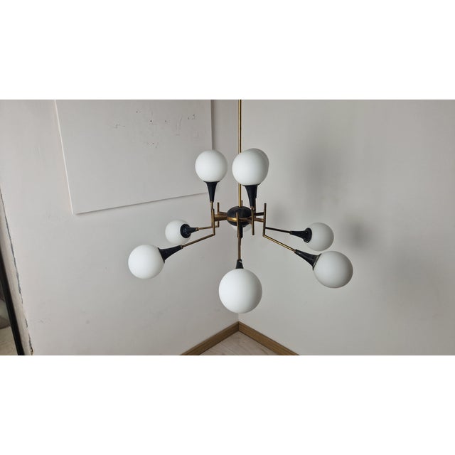 Black Twelve-Light Brass Chandelier with Opaline Spheres from Stilnovo, 1950s For Sale - Image 8 of 16