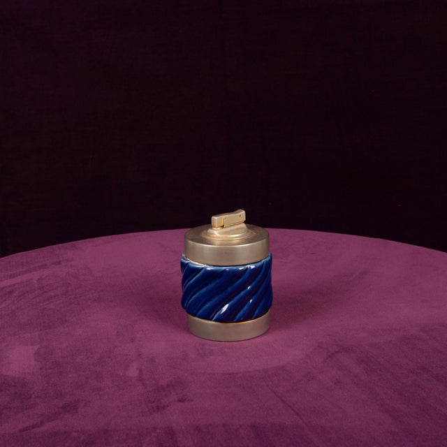Blue Glazed Ceramic and Brass-Toned Metal Table Lighter by Tommaso Barbi, 1970s For Sale - Image 9 of 17