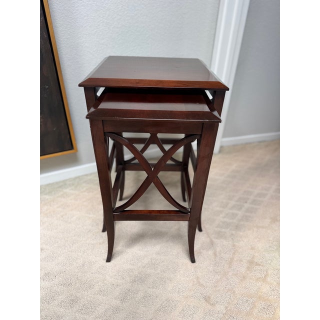 Pair of Mahogany Nesting Tables With Curved X-Form Base, Transitional Style For Sale - Image 4 of 9