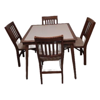 1960s Stakmore Wooden Folding Card Table Set With Four Matching Slat-Back Chairs For Sale