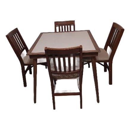 1960s Stakmore Wooden Folding Card Table Set With Four Matching Slat-Back Chairs For Sale