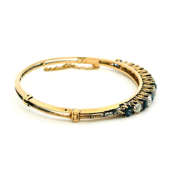 Vintage Sapphire and Diamond 14k Gold Bangle Bracelet, Circa 1950 For Sale - Image 4 of 17